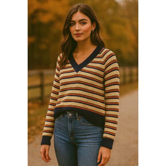 Madewell Arden V-Neck Crop Striped Pullover Sweater XXS Cozy Fall Preppy Twee - Picture 1 of 8